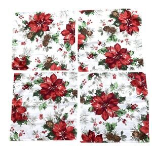 Christmas Napkins set (4) festive printed cloth red poinsettias & greenery